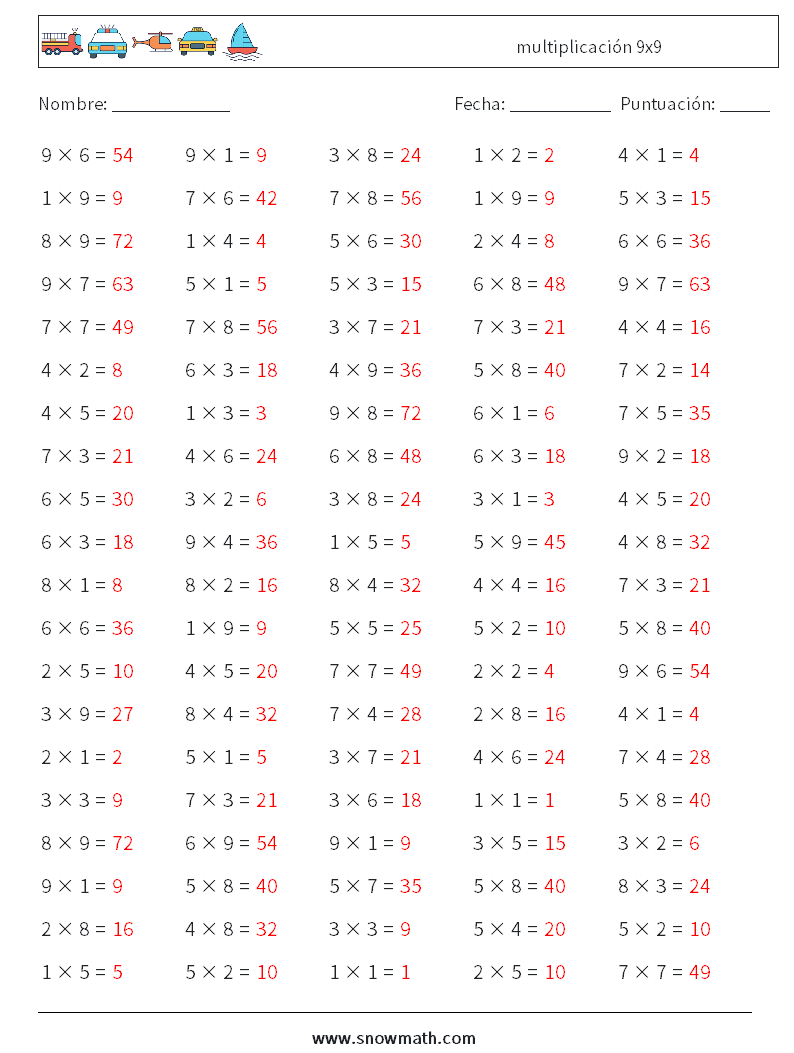 (100) multiplicación 9x9 Hojas de trabajo de matemáticas 7 Pregunta, respuesta