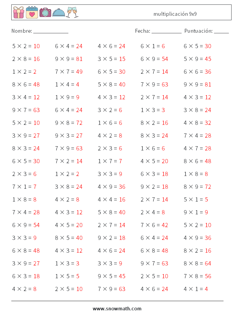 (100) multiplicación 9x9 Hojas de trabajo de matemáticas 8 Pregunta, respuesta