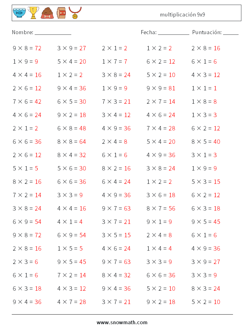 (100) multiplicación 9x9 Hojas de trabajo de matemáticas 9 Pregunta, respuesta