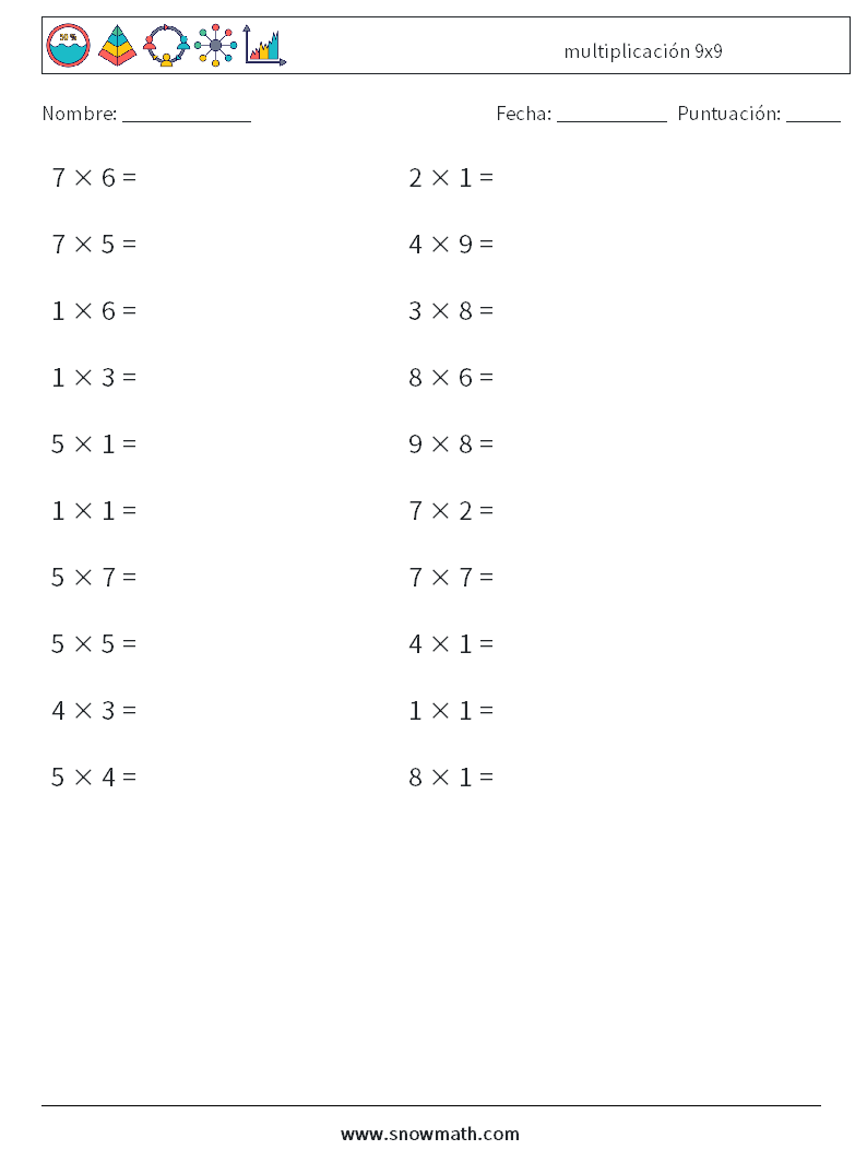 (20) multiplicación 9x9 Hojas de trabajo de matemáticas 1