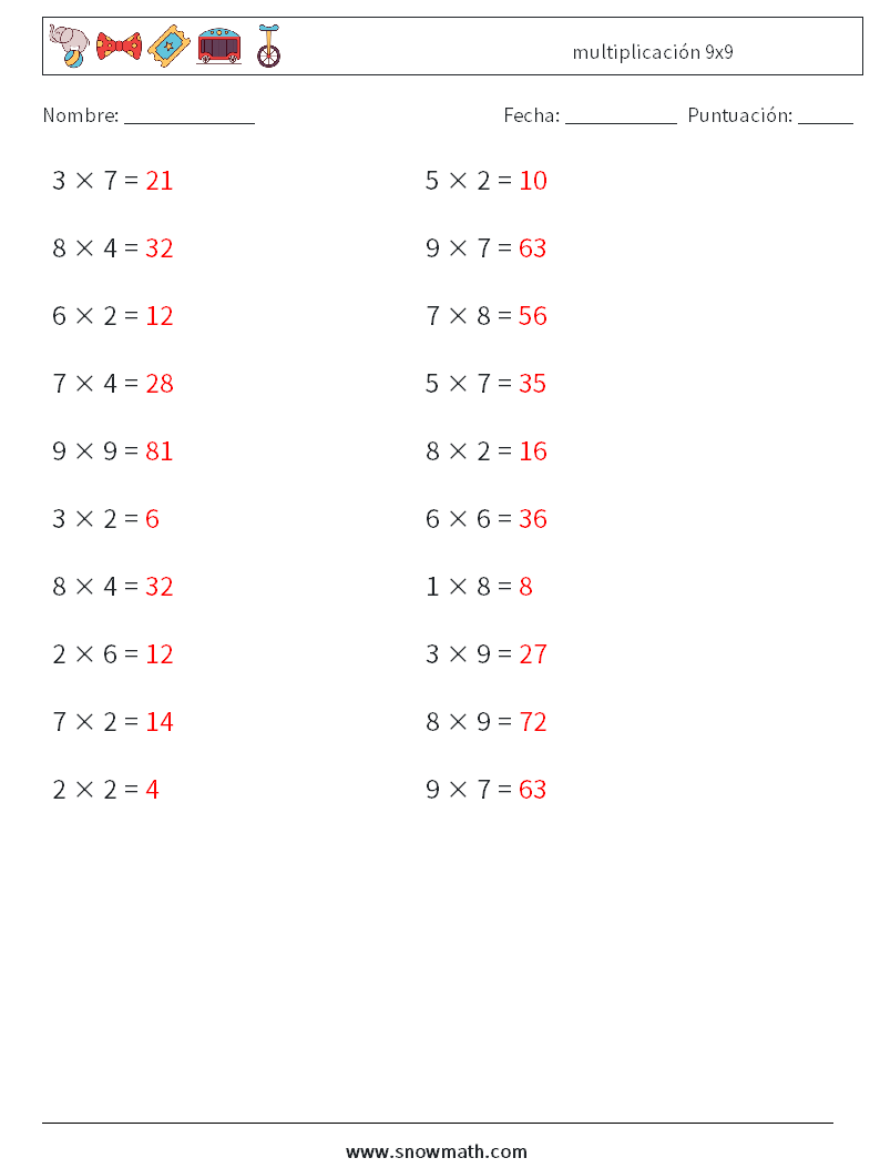 (20) multiplicación 9x9 Hojas de trabajo de matemáticas 3 Pregunta, respuesta