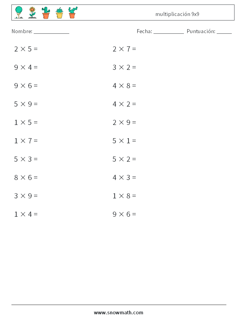 (20) multiplicación 9x9 Hojas de trabajo de matemáticas 5