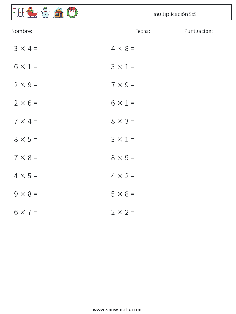 (20) multiplicación 9x9 Hojas de trabajo de matemáticas 6