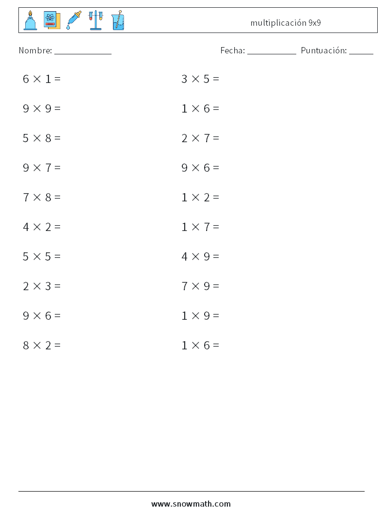 (20) multiplicación 9x9 Hojas de trabajo de matemáticas 8