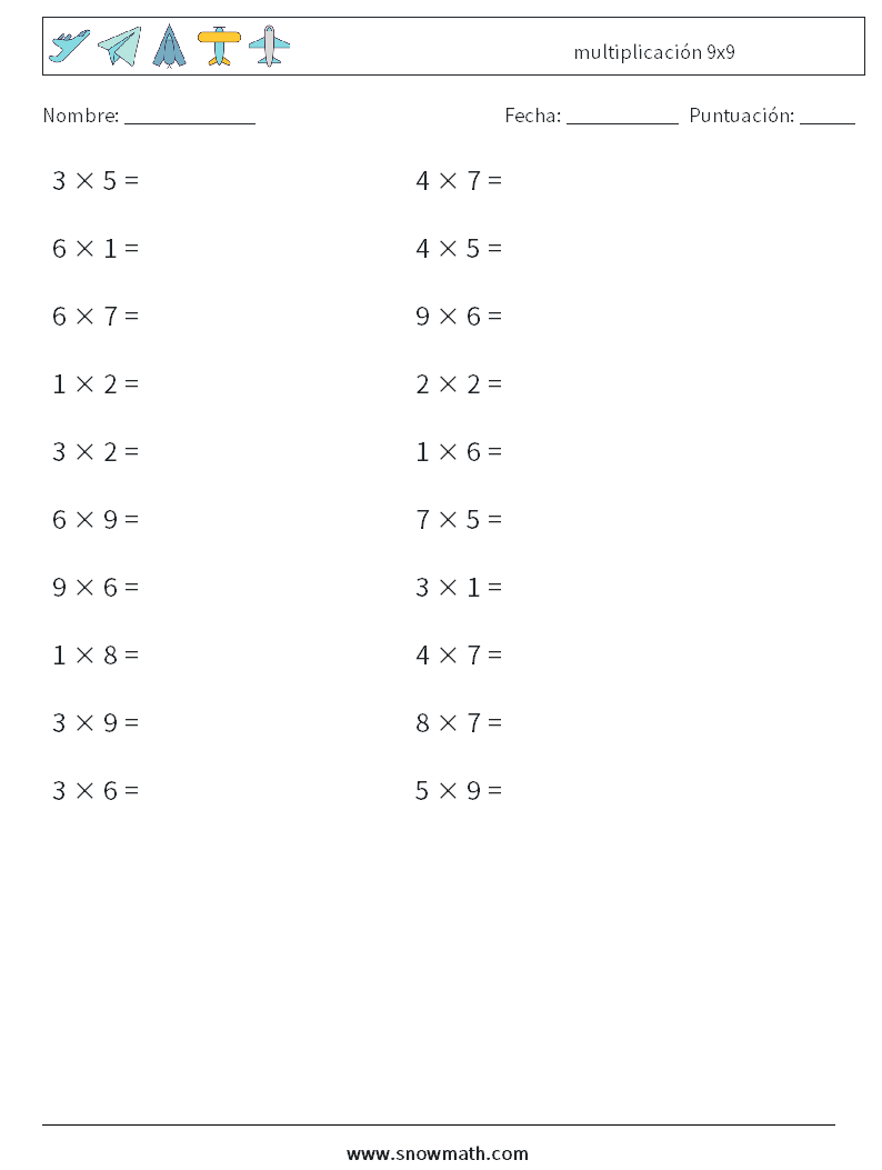 (20) multiplicación 9x9 Hojas de trabajo de matemáticas 9
