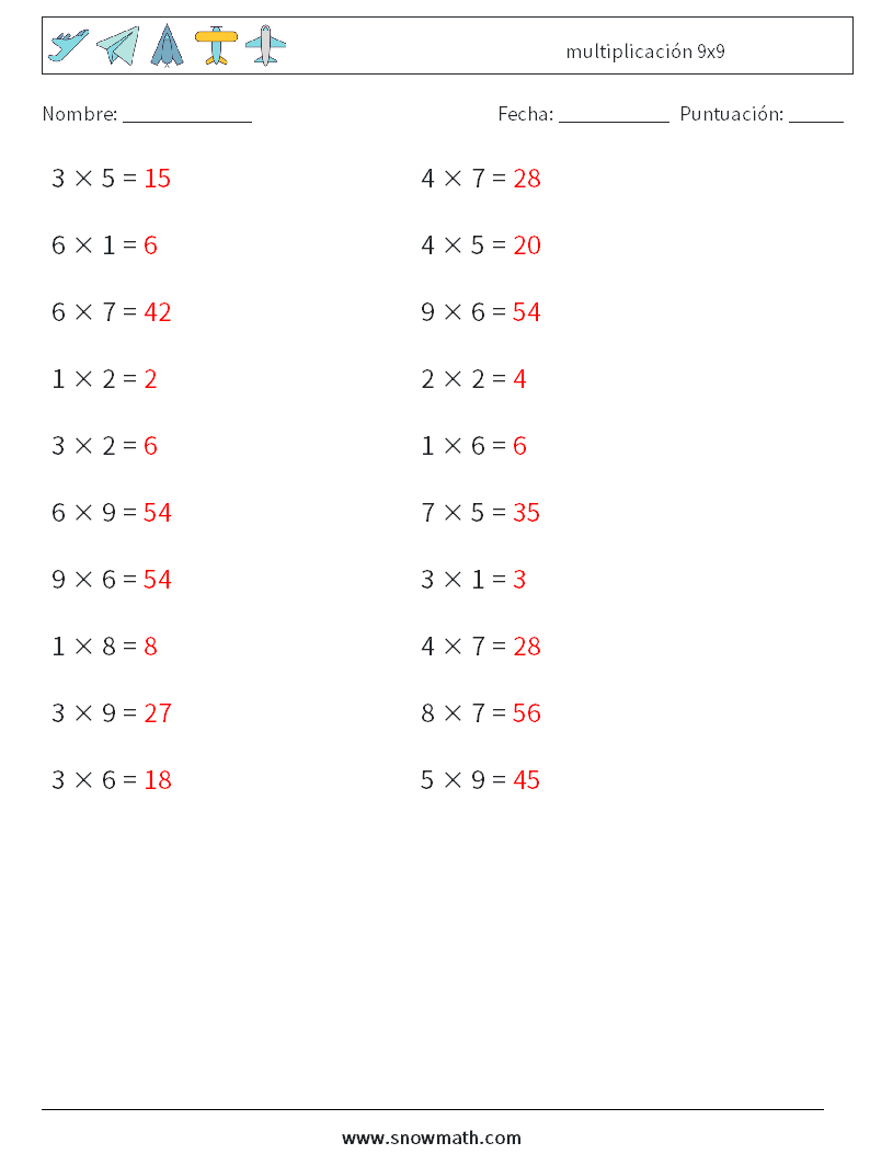 (20) multiplicación 9x9 Hojas de trabajo de matemáticas 9 Pregunta, respuesta