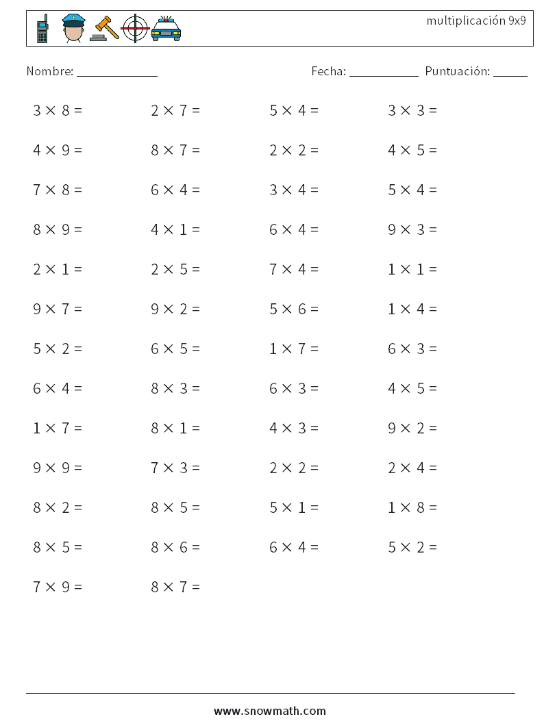 (50) multiplicación 9x9 Hojas de trabajo de matemáticas 1