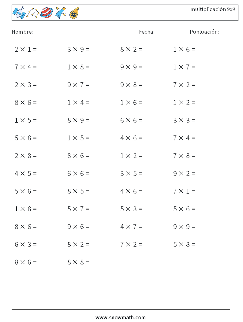 (50) multiplicación 9x9 Hojas de trabajo de matemáticas 5