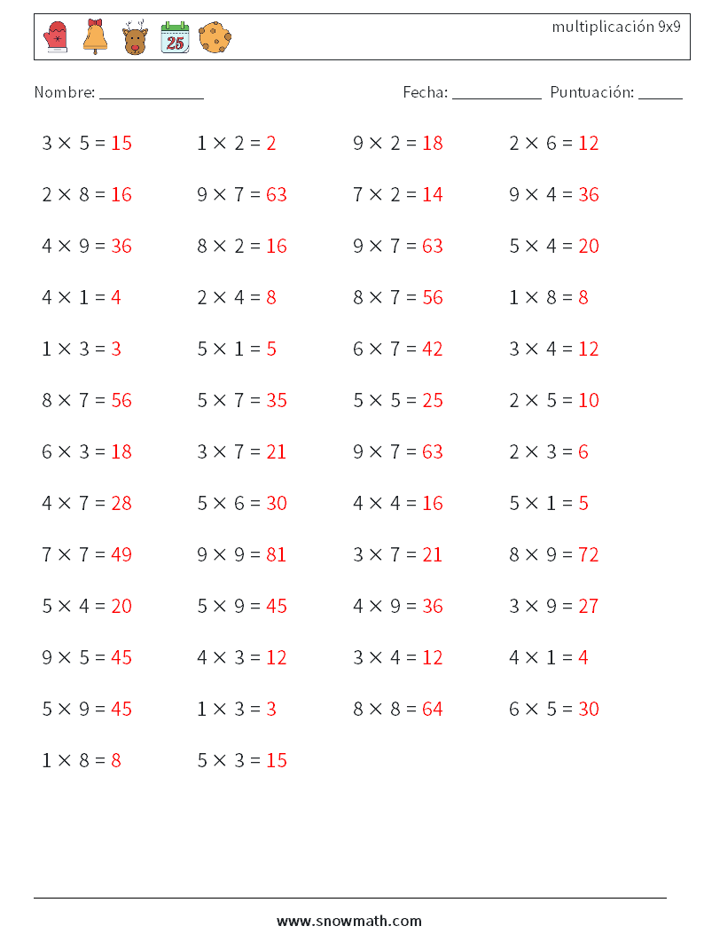 (50) multiplicación 9x9 Hojas de trabajo de matemáticas 7 Pregunta, respuesta