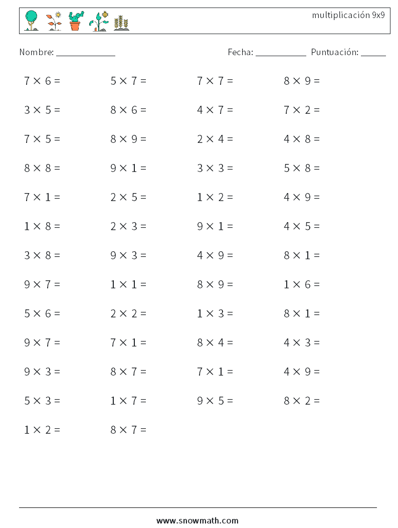 (50) multiplicación 9x9 Hojas de trabajo de matemáticas 8