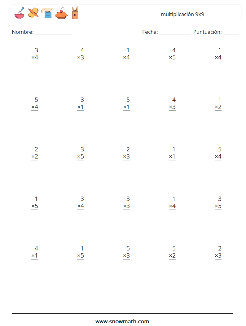 (25) multiplicación 9x9 Hojas de trabajo de matemáticas 1