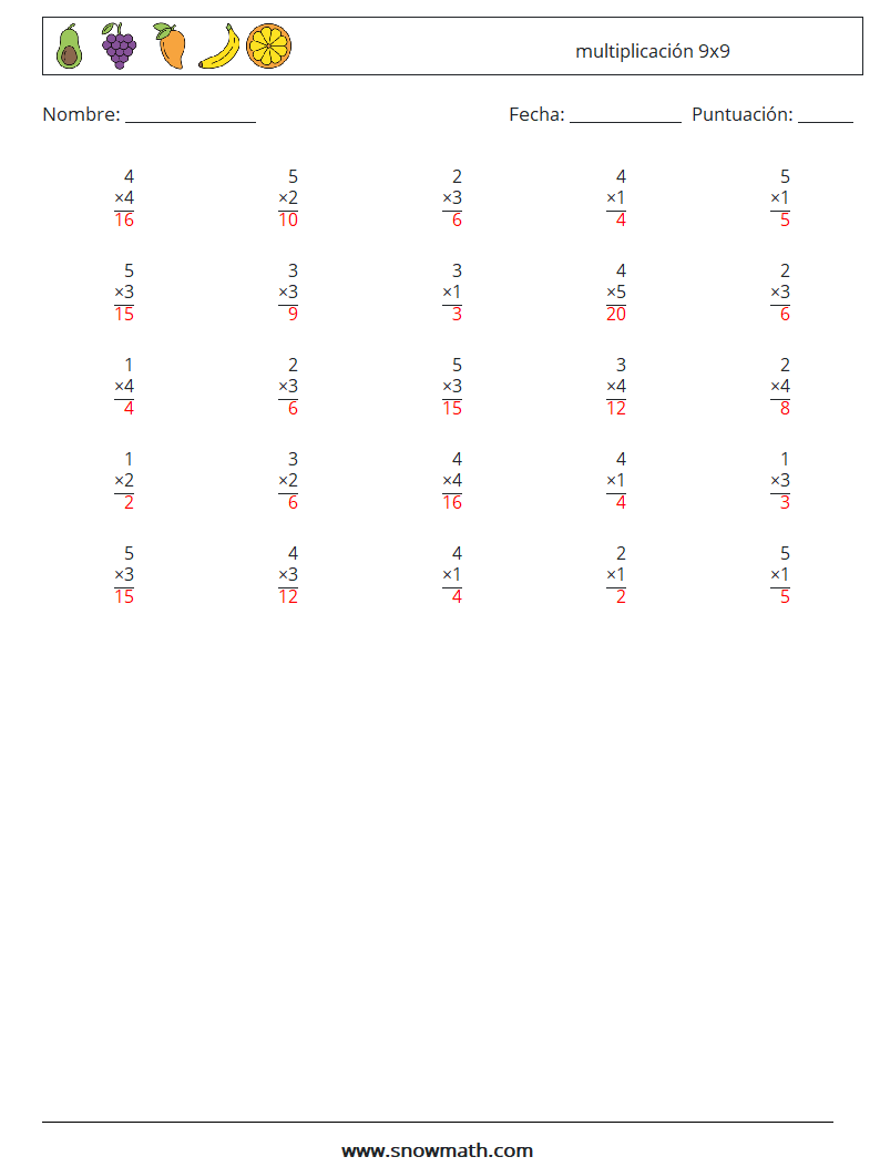 (25) multiplicación 9x9 Hojas de trabajo de matemáticas 2 Pregunta, respuesta