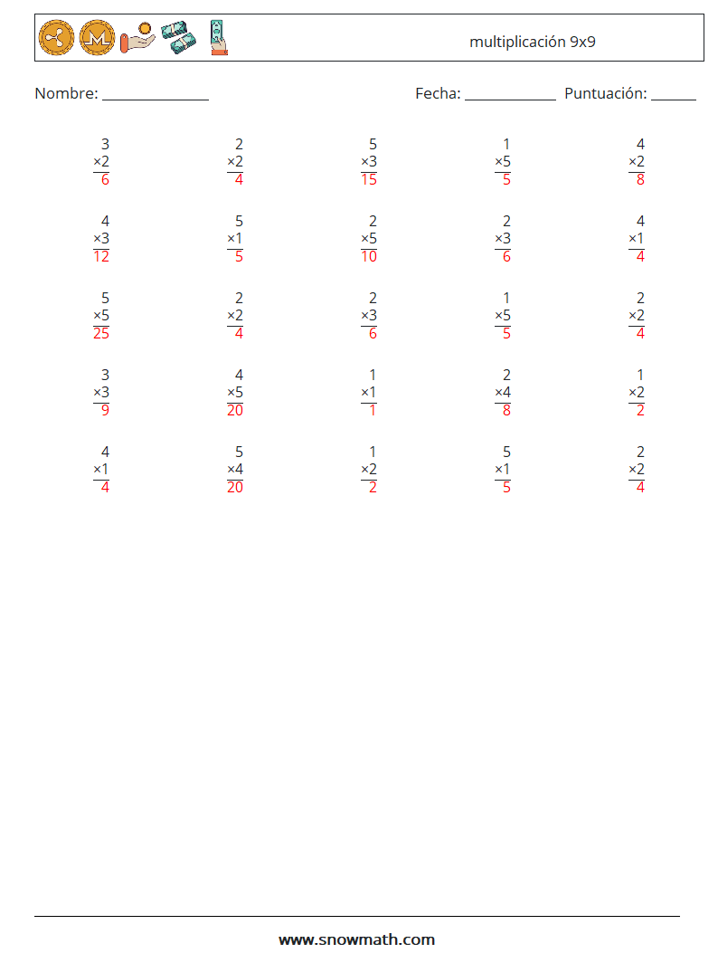 (25) multiplicación 9x9 Hojas de trabajo de matemáticas 5 Pregunta, respuesta