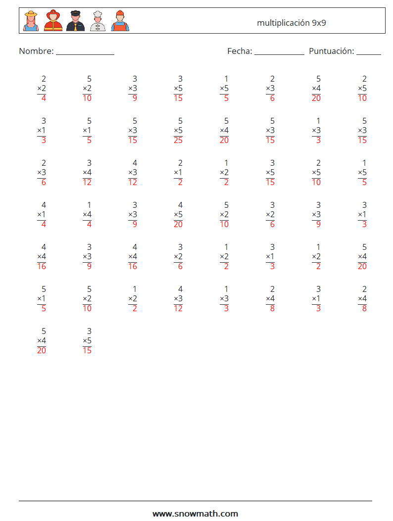 (50) multiplicación 9x9 Hojas de trabajo de matemáticas 1 Pregunta, respuesta