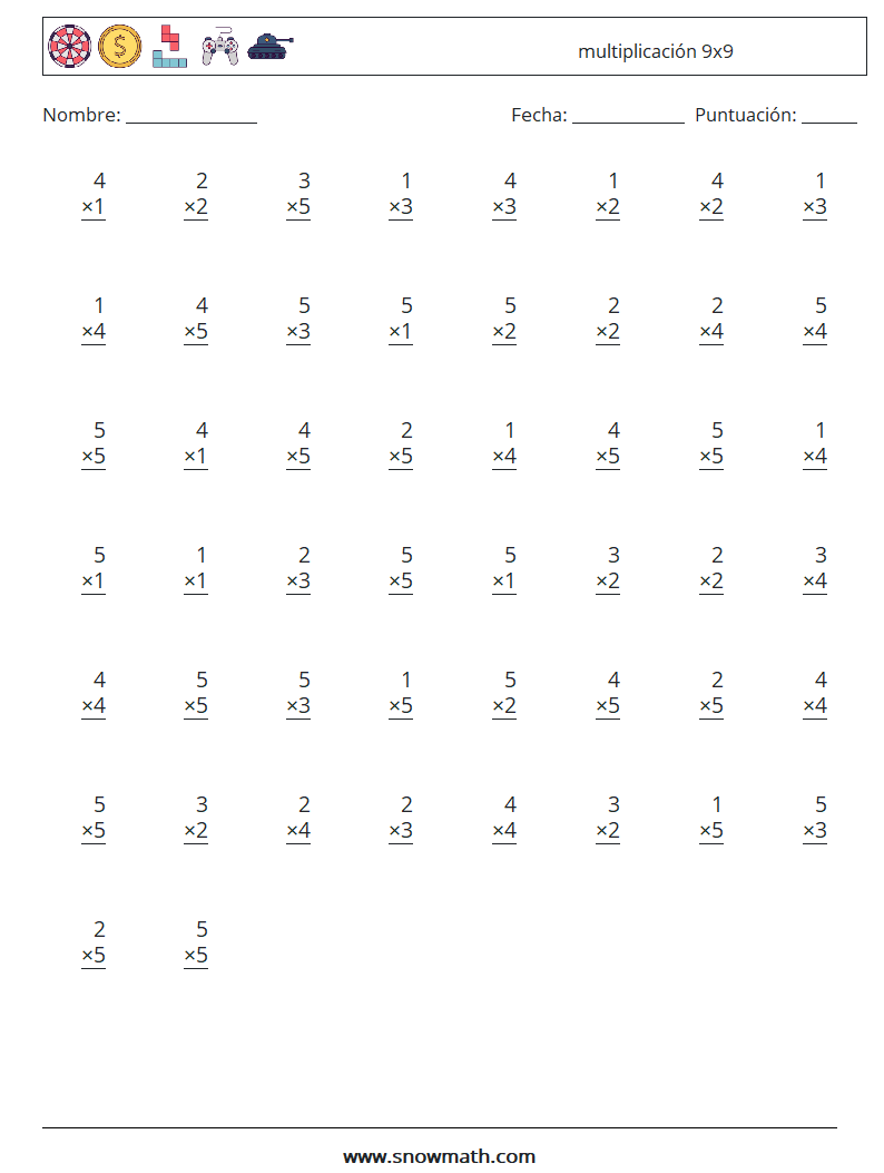 (50) multiplicación 9x9 Hojas de trabajo de matemáticas 2