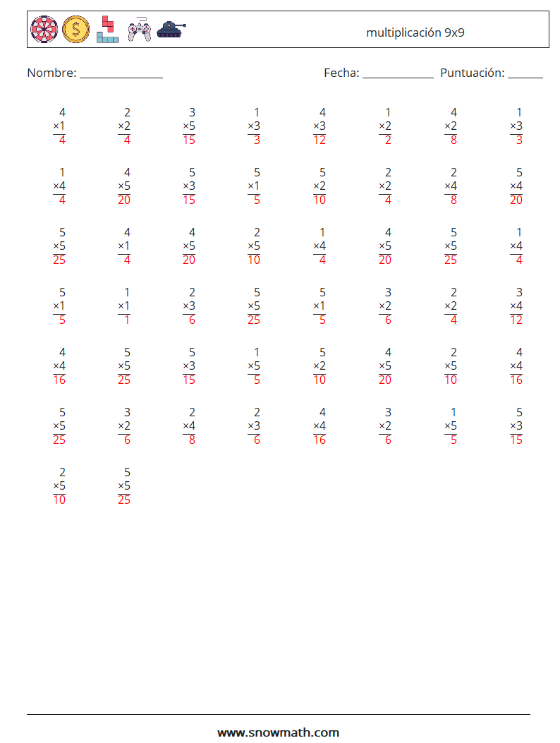 (50) multiplicación 9x9 Hojas de trabajo de matemáticas 2 Pregunta, respuesta