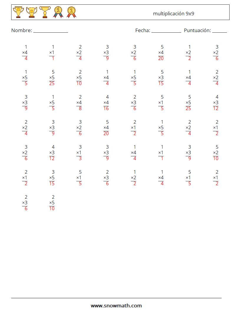 (50) multiplicación 9x9 Hojas de trabajo de matemáticas 3 Pregunta, respuesta