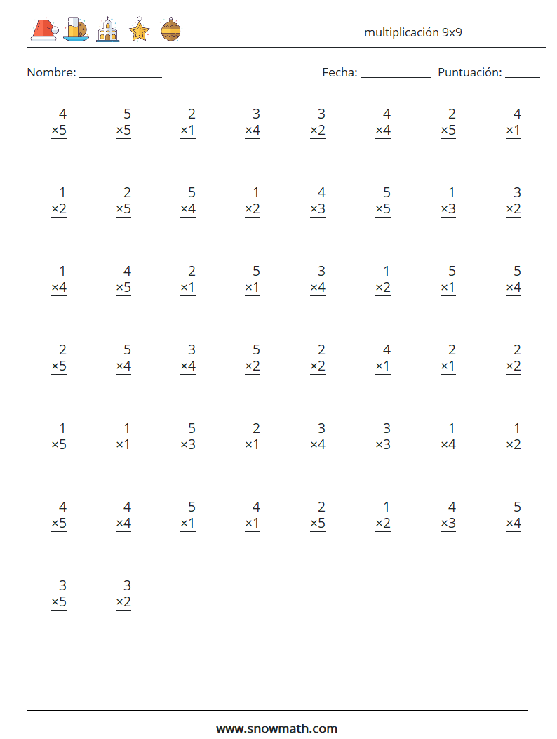 (50) multiplicación 9x9 Hojas de trabajo de matemáticas 4