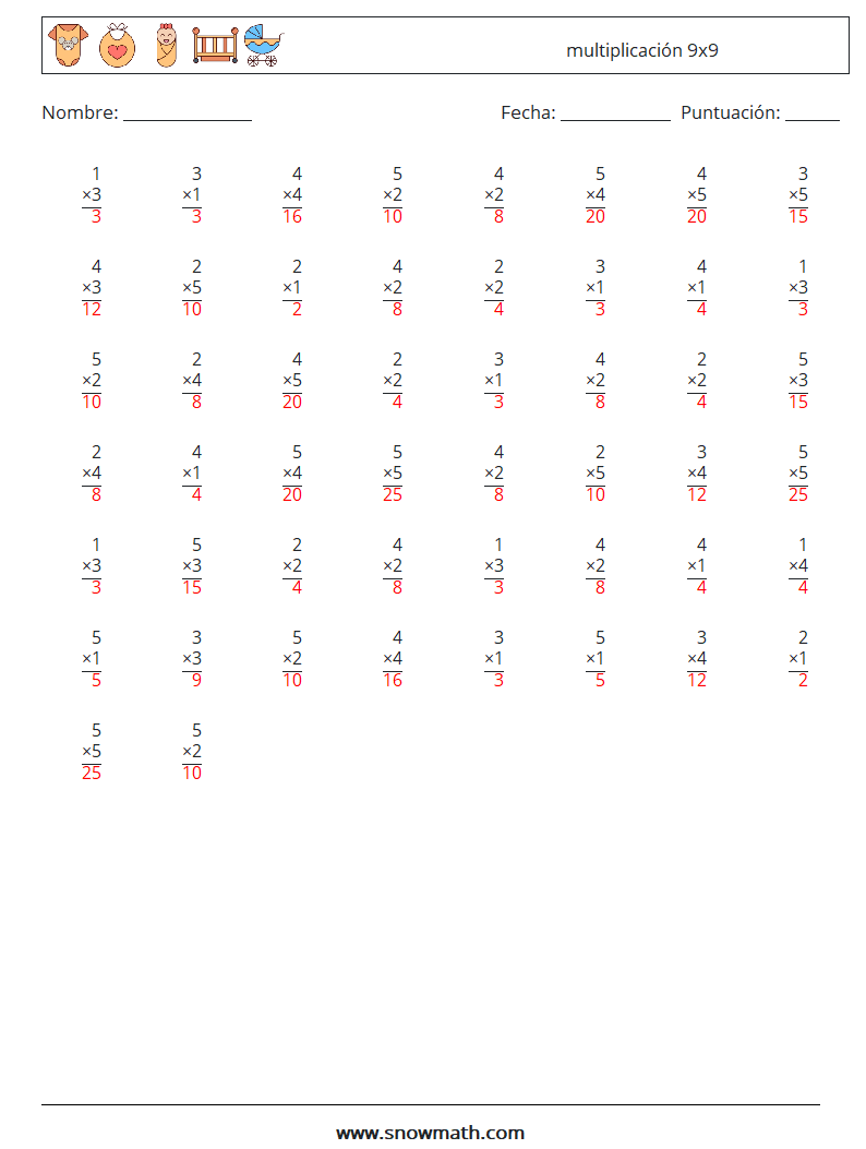 (50) multiplicación 9x9 Hojas de trabajo de matemáticas 5 Pregunta, respuesta