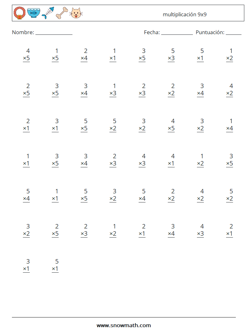 (50) multiplicación 9x9 Hojas de trabajo de matemáticas 6