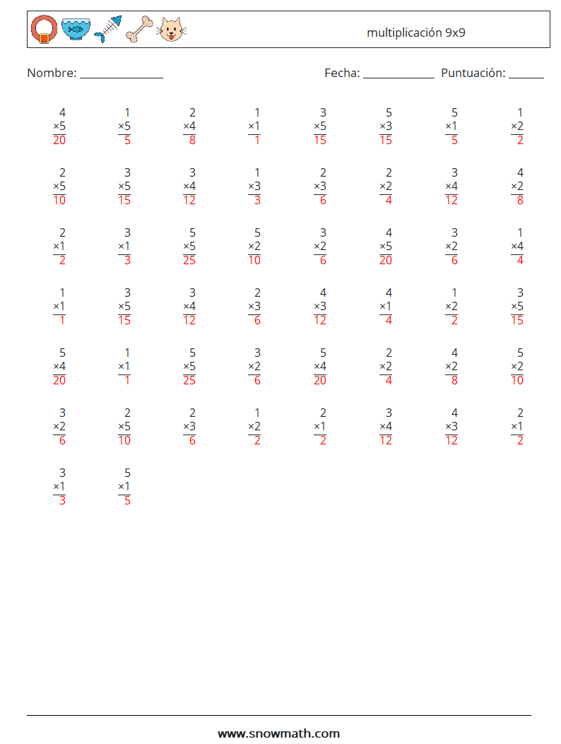 (50) multiplicación 9x9 Hojas de trabajo de matemáticas 6 Pregunta, respuesta