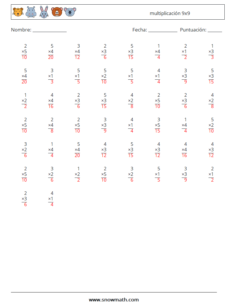 (50) multiplicación 9x9 Hojas de trabajo de matemáticas 7 Pregunta, respuesta