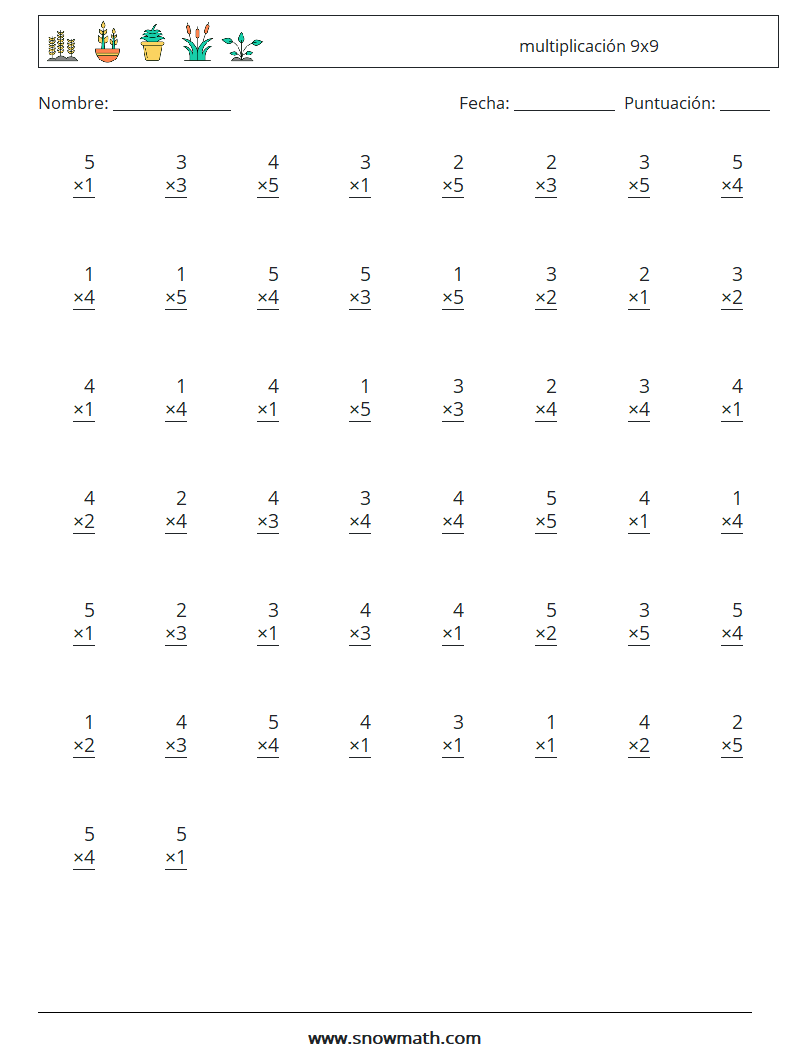 (50) multiplicación 9x9 Hojas de trabajo de matemáticas 8