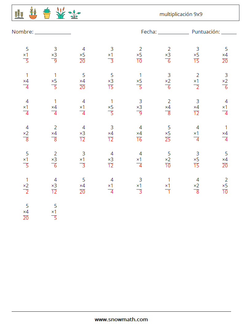 (50) multiplicación 9x9 Hojas de trabajo de matemáticas 8 Pregunta, respuesta