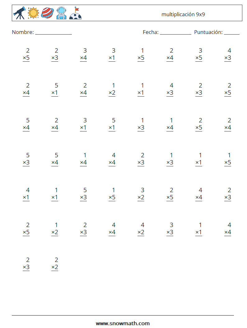 (50) multiplicación 9x9 Hojas de trabajo de matemáticas 9