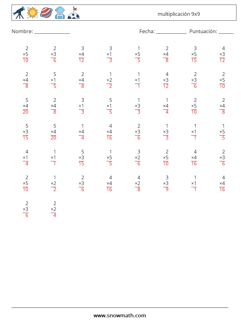 (50) multiplicación 9x9 Hojas de trabajo de matemáticas 9 Pregunta, respuesta