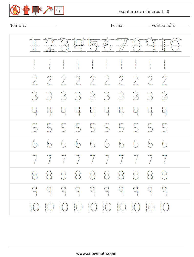 Escritura de números 1-10 Hojas de trabajo de matemáticas 1