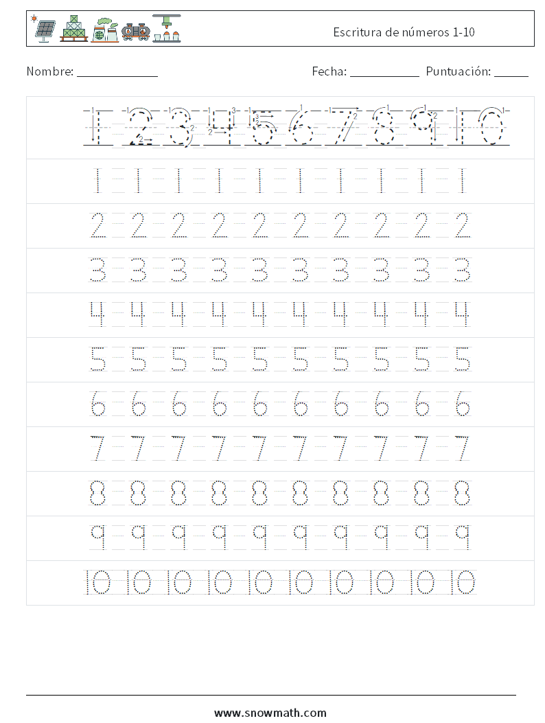 Escritura de números 1-10 Hojas de trabajo de matemáticas 2