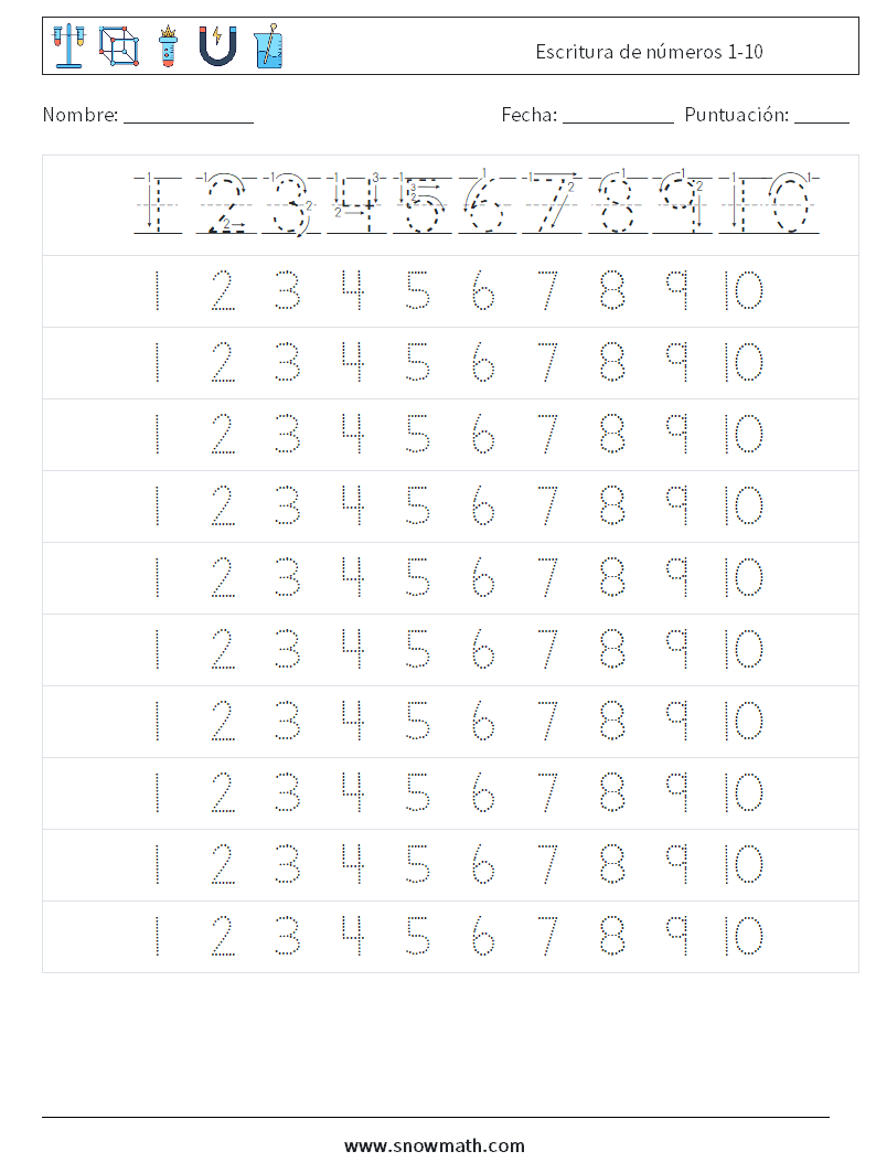 Escritura de números 1-10 Hojas de trabajo de matemáticas 3