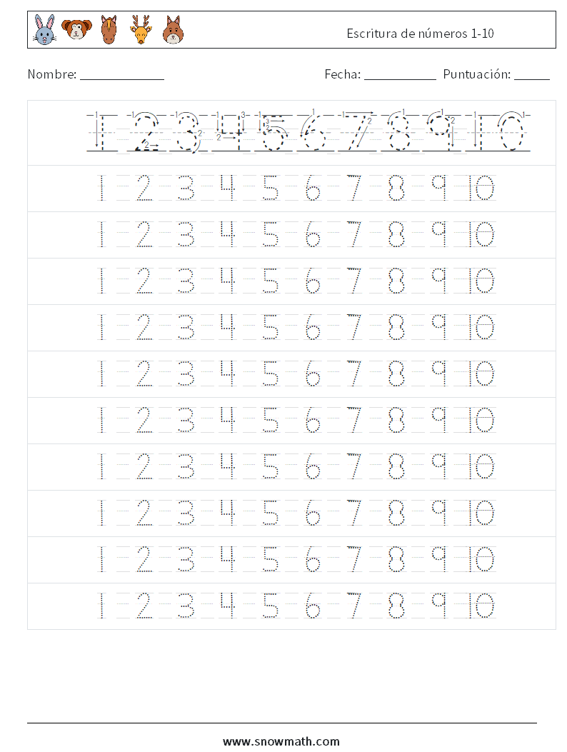 Escritura de números 1-10 Hojas de trabajo de matemáticas 4