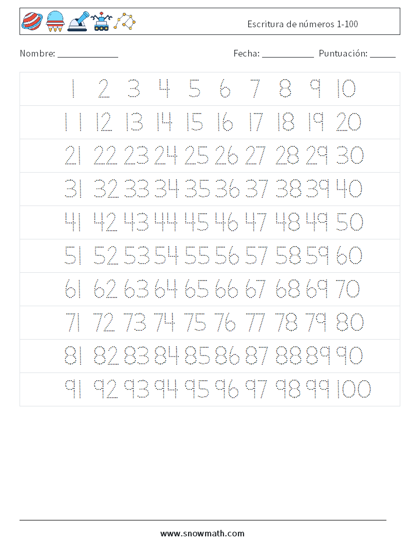 Escritura de números 1-100 Hojas de trabajo de matemáticas 1