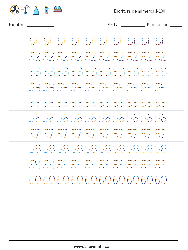 Escritura de números 1-100 Hojas de trabajo de matemáticas 11