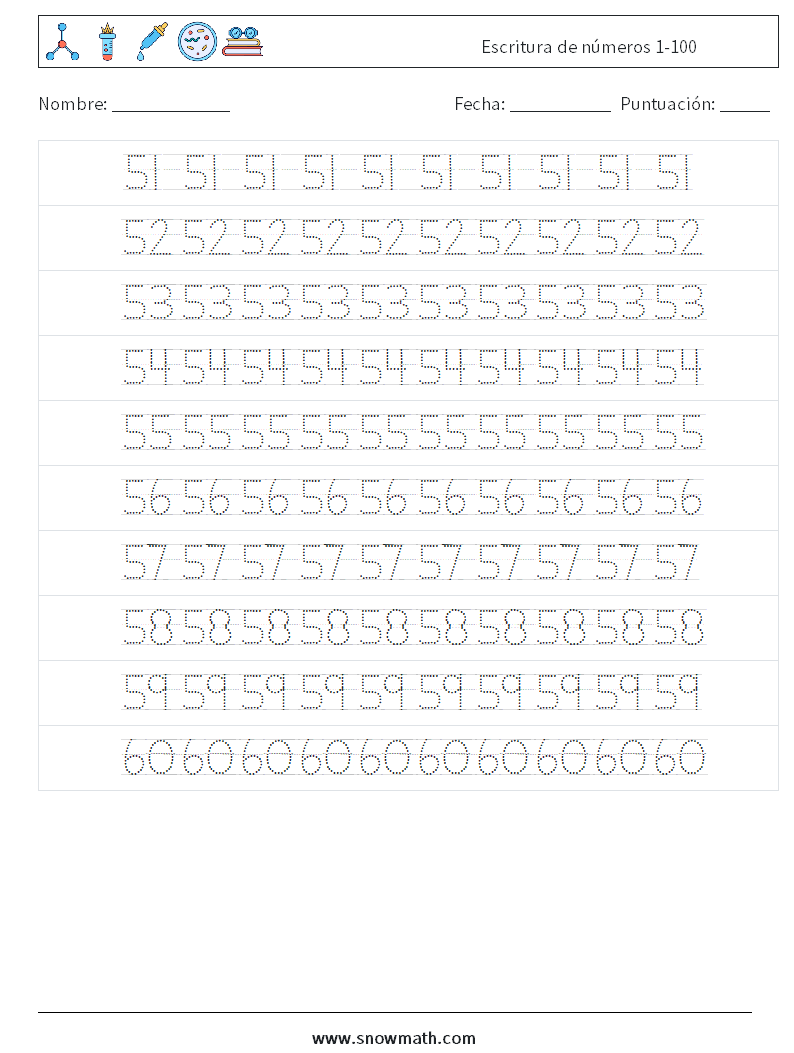 Escritura de números 1-100 Hojas de trabajo de matemáticas 12