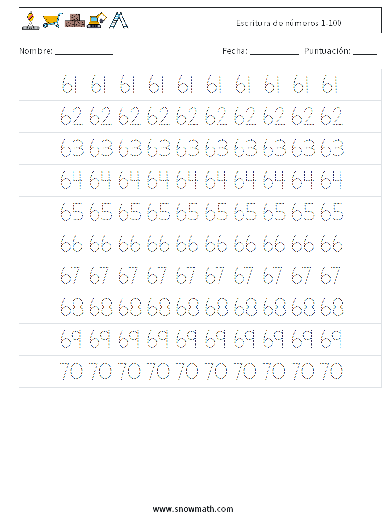 Escritura de números 1-100 Hojas de trabajo de matemáticas 13