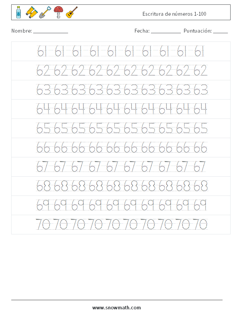 Escritura de números 1-100 Hojas de trabajo de matemáticas 14