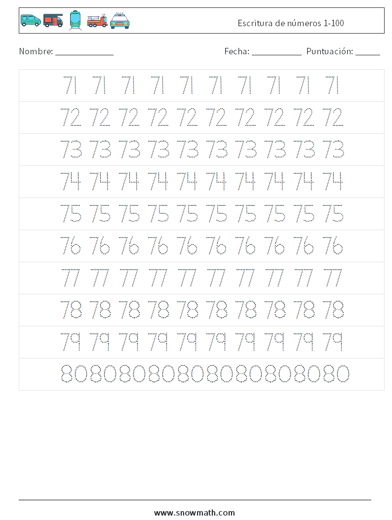 Escritura de números 1-100 Hojas de trabajo de matemáticas 15