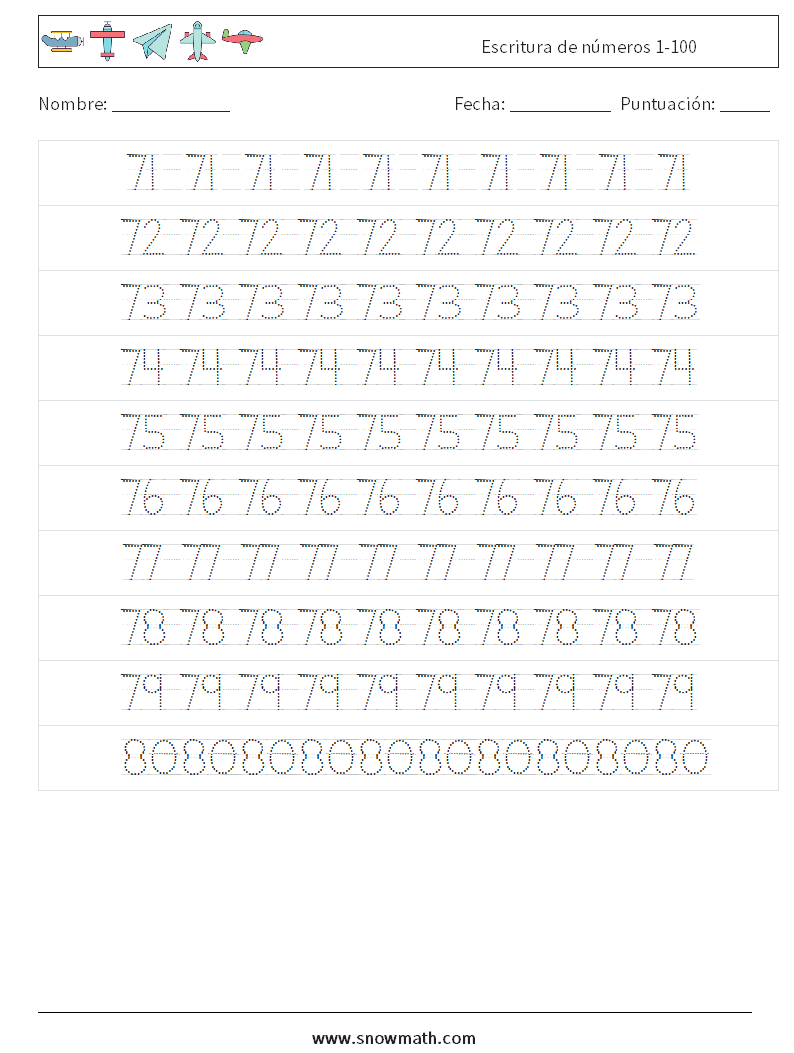 Escritura de números 1-100 Hojas de trabajo de matemáticas 16