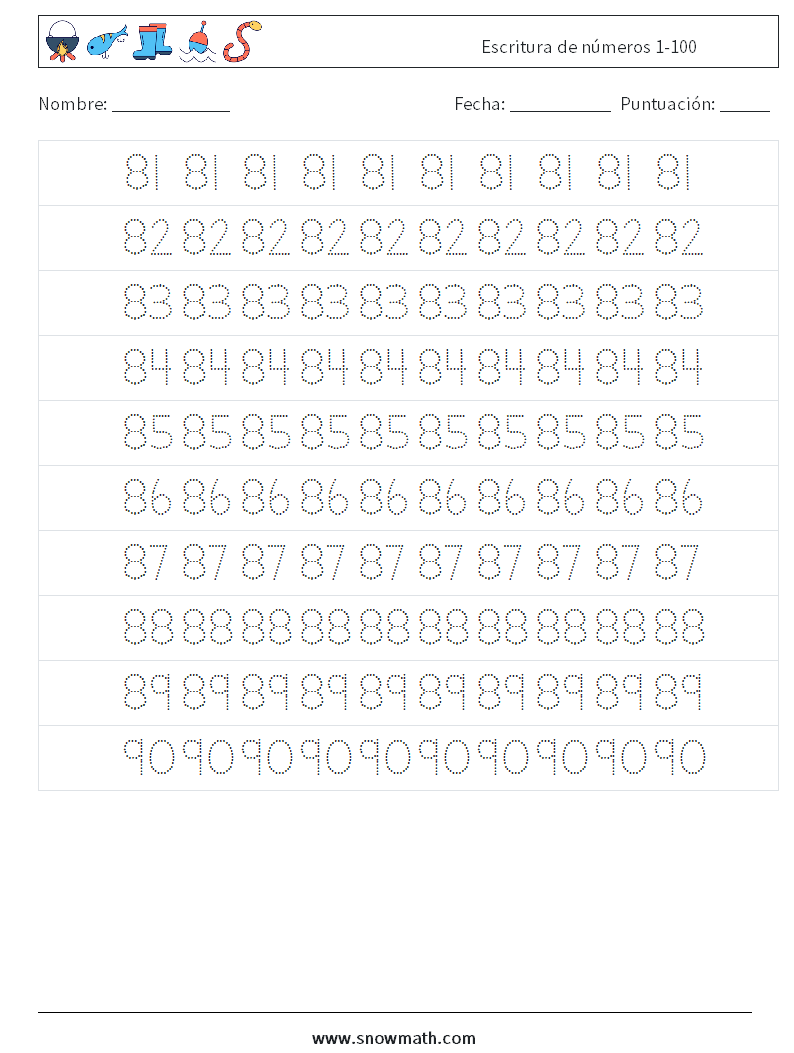 Escritura de números 1-100 Hojas de trabajo de matemáticas 17