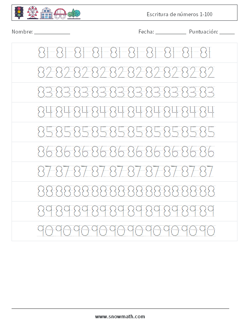 Escritura de números 1-100 Hojas de trabajo de matemáticas 18