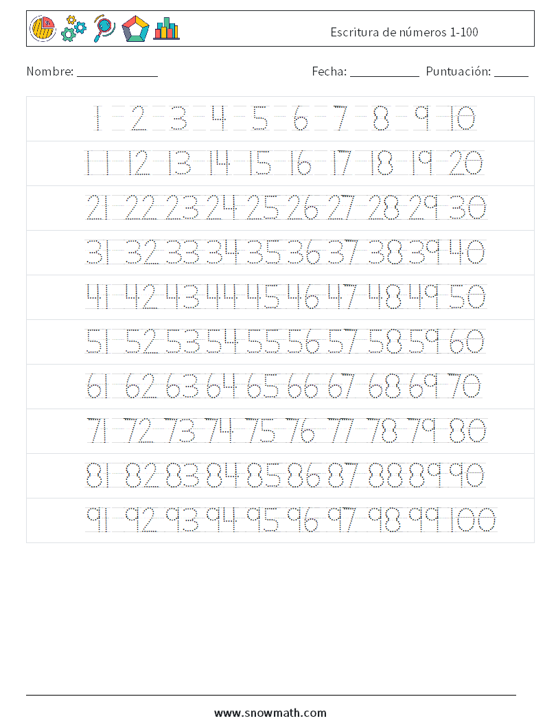 Escritura de números 1-100 Hojas de trabajo de matemáticas 2