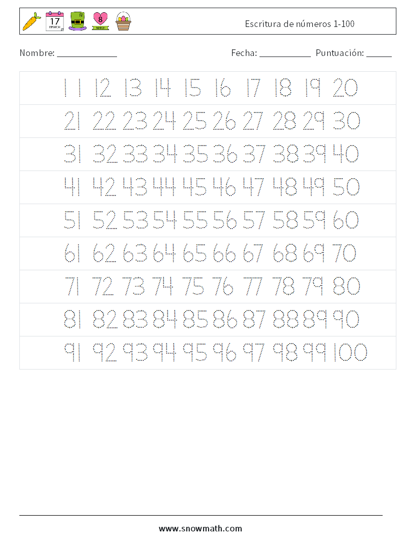 Escritura de números 1-100 Hojas de trabajo de matemáticas 21