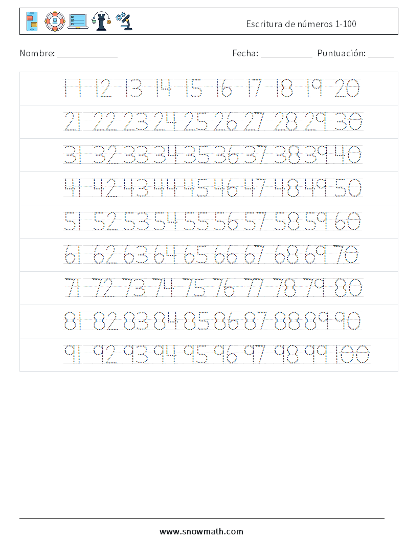 Escritura de números 1-100 Hojas de trabajo de matemáticas 22