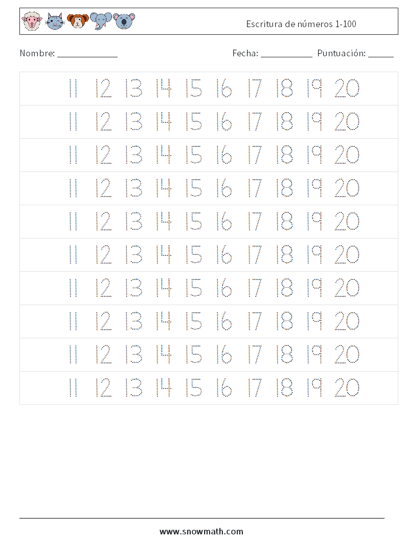 Escritura de números 1-100 Hojas de trabajo de matemáticas 23