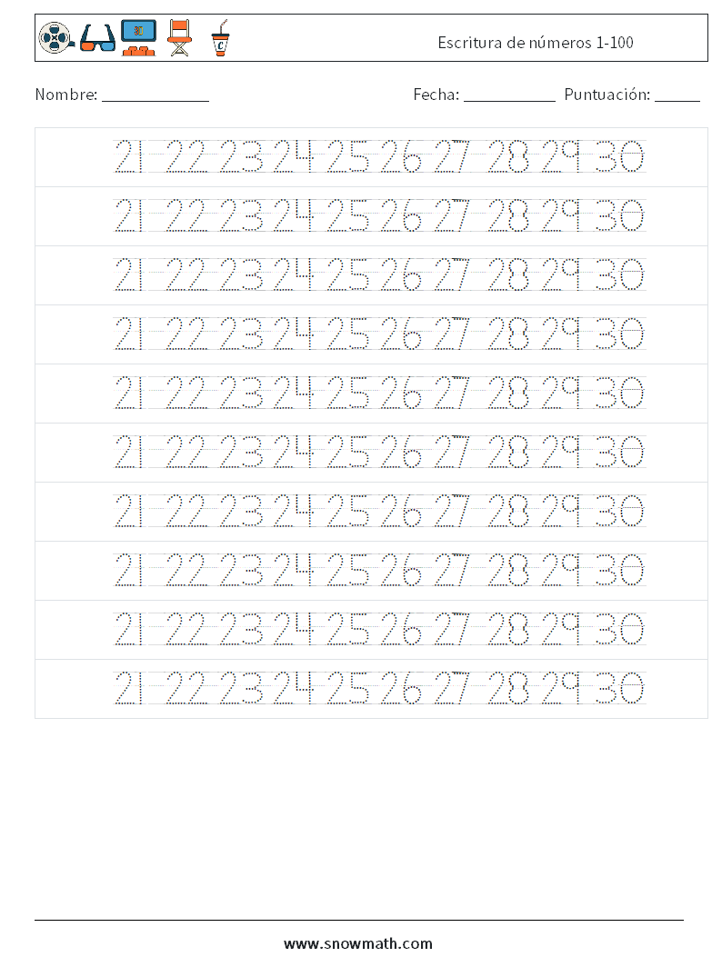 Escritura de números 1-100 Hojas de trabajo de matemáticas 26