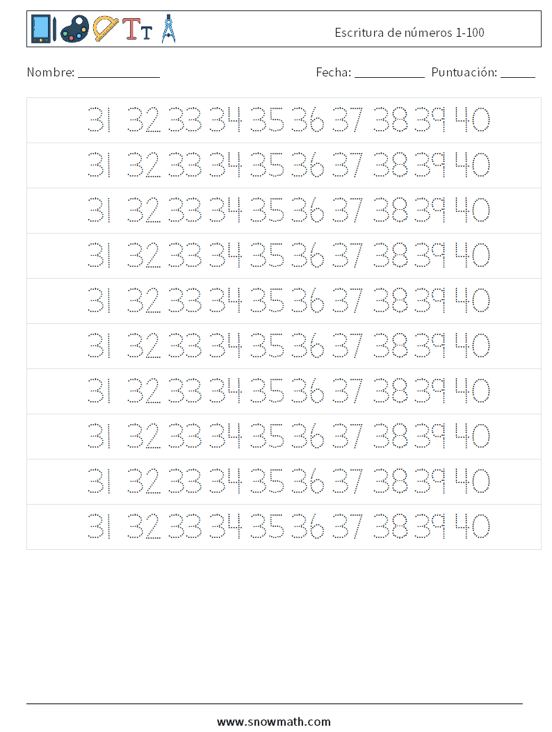 Escritura de números 1-100 Hojas de trabajo de matemáticas 27