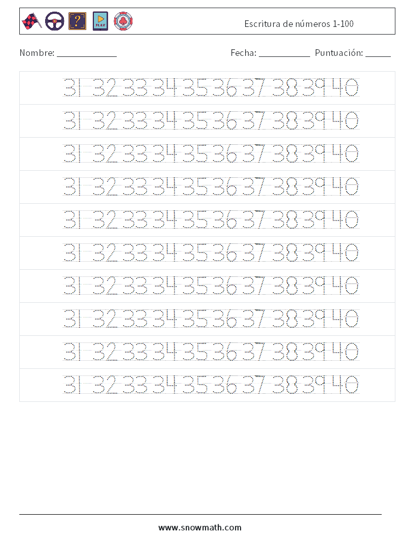 Escritura de números 1-100 Hojas de trabajo de matemáticas 28